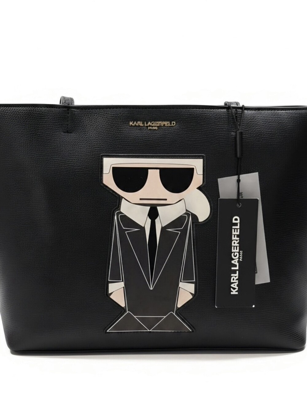 Karl Lagerfeld Black Leather Maybelle Tote with Icon Graphic